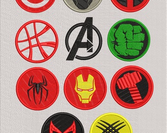 May include: A set of 12 round embroidery designs featuring various Marvel superhero logos, including Captain America, Iron Man, Thor, Hulk, Spider-Man, Black Panther, Wolverine, Scarlet Witch, Deadpool, Doctor Strange, and the Avengers logo. The designs are in red, yellow, green, black, and white.