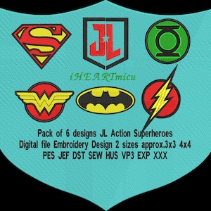 Pack of 6 designs JL Action Superheroes digital file embroidery design 2 sizes approx 3x3 4x4 pes jef dst sew hus vp3 exp xxx