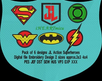 May include: A turquoise shield-shaped design with six colorful superhero logos: Superman, Justice League, Green Lantern, Wonder Woman, Batman, and The Flash. The text "Pack of 6 designs JL Action Superheroes" and "Digital file Embroidery Design 2 sizes approx. 3x3 4x4" is below the logos. The text "PES JEF DST SEW HUS VP3 EXP XXX" is below the previous text.