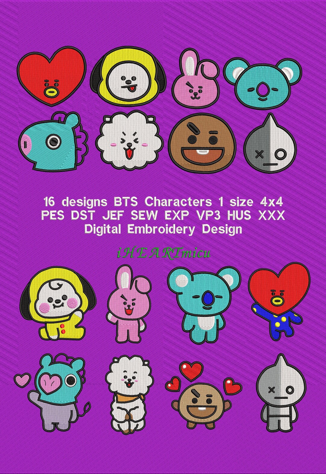 Pack of 16 Designs BTS Characters 1 Size 4x4 Digital File Embroidery ...