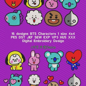 Pack of 16 designs BTS Characters 1 size 4x4 digital file embroidery design pes dst jef sew vp3 hus xxx exp