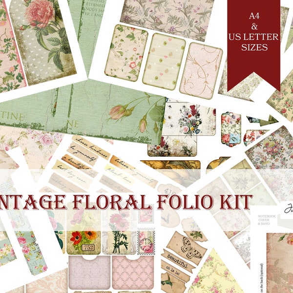 Vintage Floral Junk Journal Folio / Kit de folio rosa y verde para amantes de la artesanía, Scrapbooking de diario basura