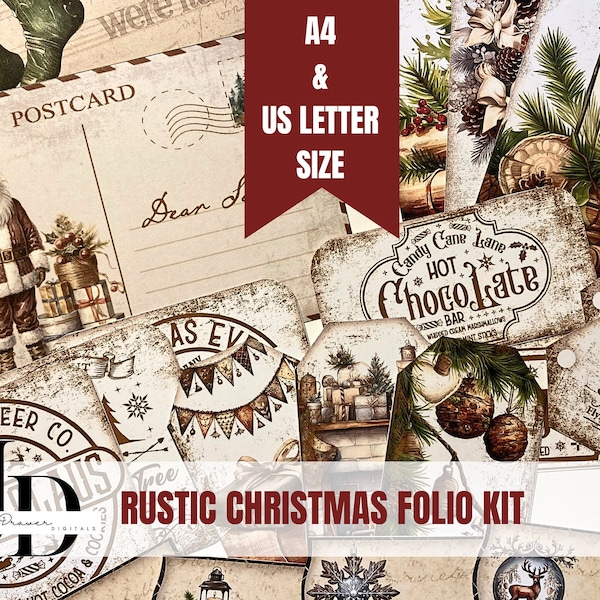 Rustic Christmas Folio Kit | Christmas Scrapbooking Printables |Christmas Junk Journal Kit | Folding Folio Junk Journal Kit | FK003