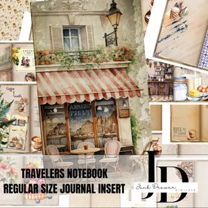 Pode incluir: Um inserto de diário digital imprimível com uma ilustração em aquarela de um café parisiense com uma marquise listrada de vermelho e branco. O texto "Travelers Notebook" e "Regular Size Journal Insert" está impresso na imagem. A imagem é projetada para ser usada em um caderno de viagem.