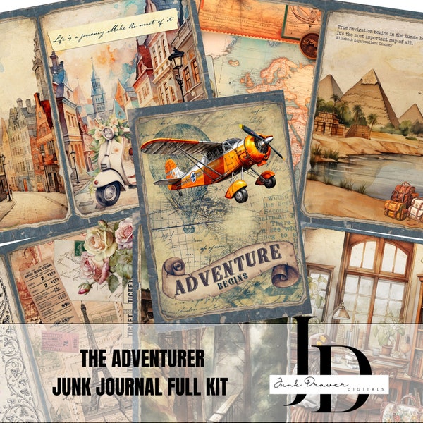 The Adventurer Travel Themed Junk Journal Kit | 33 pages of Printables For Junk Journals and Scrapbooking | JK007