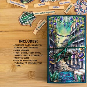 Maart 2025 maandelijkse Junk Journal Folio Kit | Volledig folio en dagboek, kalender, ephemera en digitale papieren | Mardi Gras-afdrukbare items |  JDD054