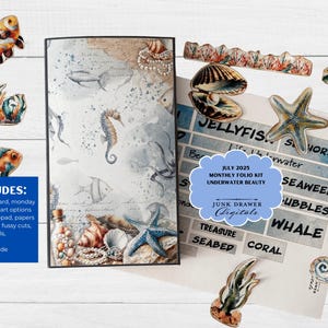 Kit folio mensuel de juillet 2025, kit folio pour journal indésirable Beauté sous-marine | Éphémères, étiquettes, cartes, mini journal, étiquette de calendrier | JDD063