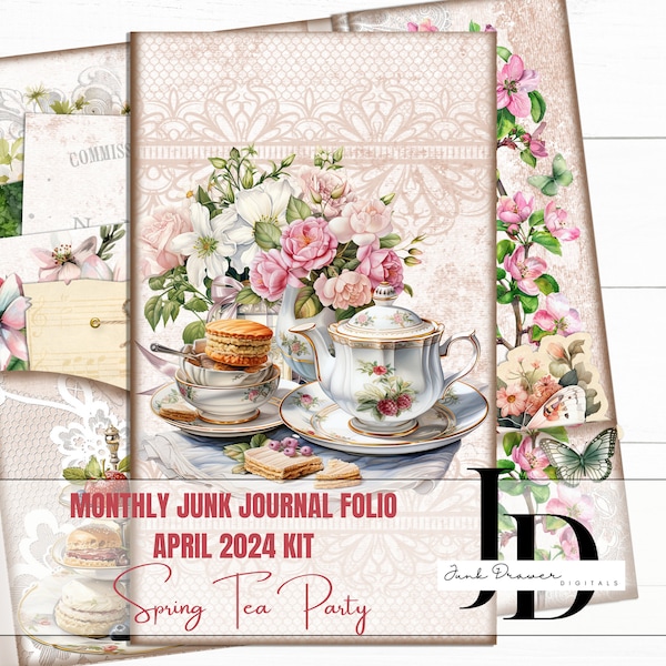 Junk Journal April 2024 Folio Kit | Monthly Themed  Folio For Junk Journals and Scrapbooking |Spring Tea Party | FK014