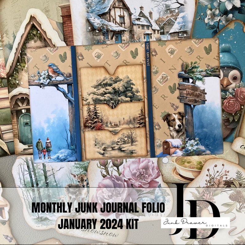 Junk Journal January 2024 Folio Kit Monthly Themed Folio for Junk