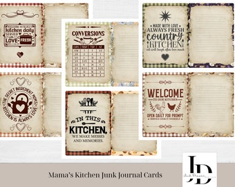 May include: A set of printable junk journal cards with a country kitchen theme. The cards feature various designs, including a red and white checkered pattern, a rooster, a teapot, and text that says "Welcome to Mama's Kitchen Daily Served Love-Fresh", "Made with Love Always Fresh Country Kitchen", "The Secret Ingredient Moms Kitchen is Always Love", "In This Kitchen We Make Messes and Memories", and "Welcome to Our Kitchen Open Daily for Prompt Service Cook It Yourself".