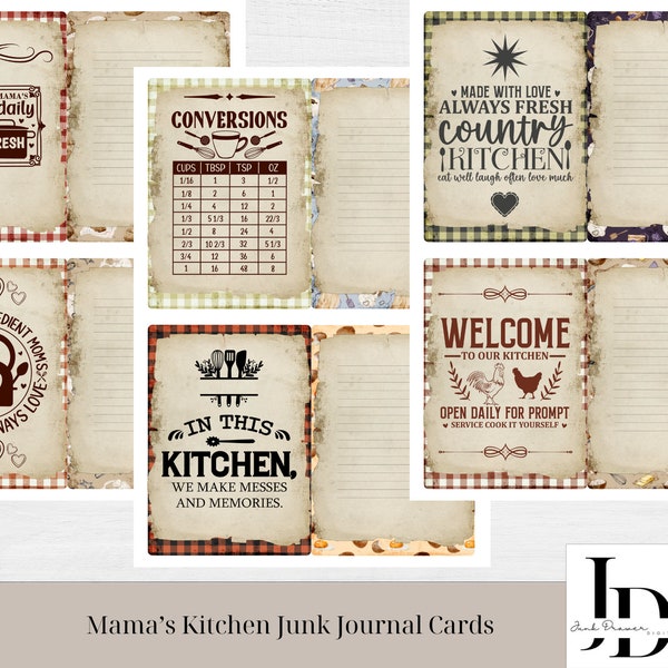 Mama's Kitchen Junk Journal Karten | Landhausstil Grußkarten | Humor Zitate Printables | Vielseitige Vichykaro-Seiten | Vintage Digitals