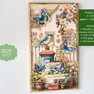 May include: A decorative folio with a cottage scene, featuring butterflies, a bluebird, and a mailbox. The artwork includes a monthly calendar, ephemera, full-page papers, and a written guide. The folio size is approximately 4.5" x 8".