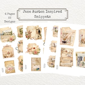 Puede incluir: Una colección de fragmentos inspirados en Jane Austen, con 22 diseños en 4 páginas. Los diseños incluyen ilustraciones de estilo vintage de cartas, rosas y elementos arquitectónicos, con superposiciones de texto. La paleta de colores general es beige y crema.