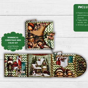 May include: A whimsical Christmas mini folio kit with a green and white chevron pattern. The kit includes papers, tags, cards, and a written guide. The kit features illustrations of Christmas scenes and characters.