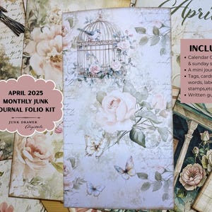April 2025 Monthly Folio Kit | Frühling Digitale Papiere & Ephemera | Elegantes Blumen Junk Journal Kit für Journaling und Scrapbooking |  JDD057