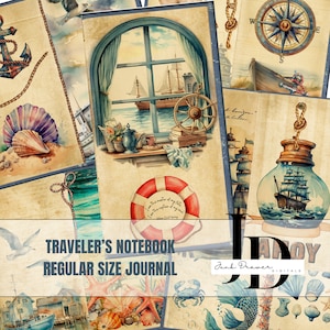 Könnte beinhalten: Eine Collage aus nautischen digitalen Papieren mit einer Muschel, einem Schiff in einer Flasche, einem Kompass, einem Rettungsring, einem Fensterblick auf ein Schiff auf See und einem Steuerrad. Der Text "Traveler's Notebook Regular Size Journal" befindet sich in der Mitte des Bildes.