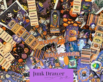 Könnte beinhalten: Eine Sammlung von digitalem Scrapbook-Papier zum Thema Halloween mit verschiedenen Bildern, darunter Kürbisse, Geister, Katzen, Eulen, Spinnen und Fledermäuse. Die Papiere sind in verschiedenen Farben gehalten, darunter Schwarz, Orange, Lila und Grün. Die Papiere eignen sich perfekt zum Erstellen von Halloween-Karten, Scrapbook-Seiten und anderen Bastelarbeiten.