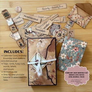 Kit mensual de febrero de 2025: cuaderno de notas de amor oculto, cuaderno de notas basura, cuaderno completo y diario, material efímero y papeles digitales / JDD053