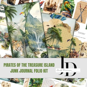 Piratas da Ilha do Tesouro | Kit Folio com tema de piratas e selva para diários de lixo e scrapbooking | FK015
