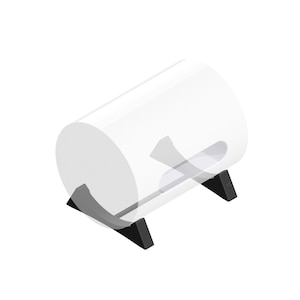 May include: A white, cylindrical object with a cutout, resting on two black, triangular supports. The object appears to be a container or holder, possibly for paper towels or similar items. The design is minimalist.