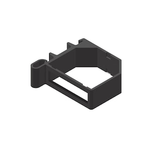 Può includere: Un componente in plastica nera di forma geometrica, con un telaio rettangolare e un'estensione curva a forma di maniglia. Il design presenta bordi angolati e un interno cavo, suggerendo un elemento strutturale o di montaggio.