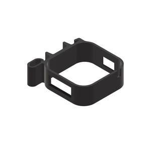 May include: A black, square-shaped plastic bracket with a rectangular opening and a small, curved extension. The bracket has a sturdy, geometric design, suitable for mounting or securing an item. The object is shown against a white background.