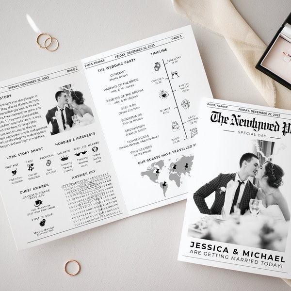 Editable Wedding Newspaper Program, Newspaper Wedding Program Template, wedding timeline, Crossword, Printable Wedding Newspaper, Canva Edit