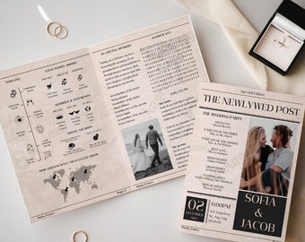 Vintage Zeitung Hochzeitsprogramm Vorlage: Bearbeitbares 4-Seiten-Design (Digitaler Download, Canva-Vorlage)