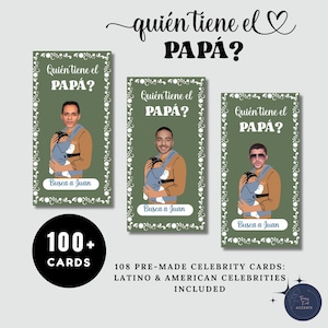 Editable Cielito Lindo Quién Tiene El Papá Baby Shower Scratch Off Game,Green Talavera Who Has the Baby Daddy, American & Latino Celebrities