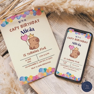 Capybara Birthday Invitation Template, Editable Capy Birthday Girl, Printable Kids Birthday Party Invitation, Cute Kawaii Capy Party Invite