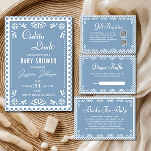 Paquete de invitación de baby shower Cielito Lindo, invitación de Talavera azul, invitación mexicana de plantilla Canva editable, conjunto de invitación Papel Picado