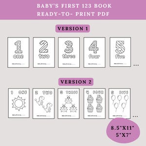Pu&ograve; includere: Un PDF stampabile di un libro 123 per bambini, con due versioni. La versione 1 mostra i numeri da uno a cinque con le parole scritte. La versione 2 mostra i numeri da uno a cinque con illustrazioni. Disponibile in 21,6 cm x 27,9 cm e 12,7 cm x 17,8 cm.