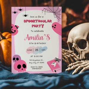 Pink Cute Ghost Witch Halloween Birthday Invitation, Editable Spooky Girl Costume Party Invite, 5th Birthday, Spooktacular Halloween Invite
