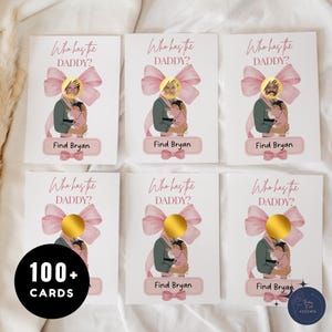 Wer ist der Papa? Babyparty-Rubbelspiel rosa Schleife (Canva Bearbeitbar, Digitaler Download)