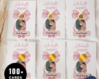 Chi è il papà? Gioco gratta e vinci per baby shower con fiocco rosa (Canva modificabile, download digitale)