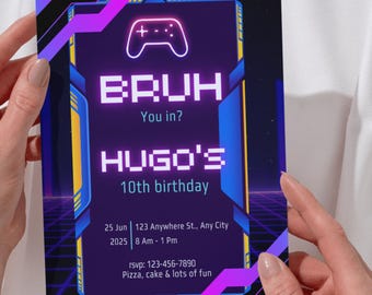 Editable Video Game Birthday Invitation: Neon Arcade Party (Digital Download, Canva Template)