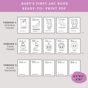 Pu&ograve; includere: Un libro ABC per bambini stampabile con tre versioni: tema generale, tema cibo e disegno vuoto. Ogni versione include schede con lettere con illustrazioni di oggetti come una mela, una banana e un avocado. Il libro &egrave; disponibile nei formati 21,6 cm x 27,9 cm e 12,7 cm x 17,8 cm.