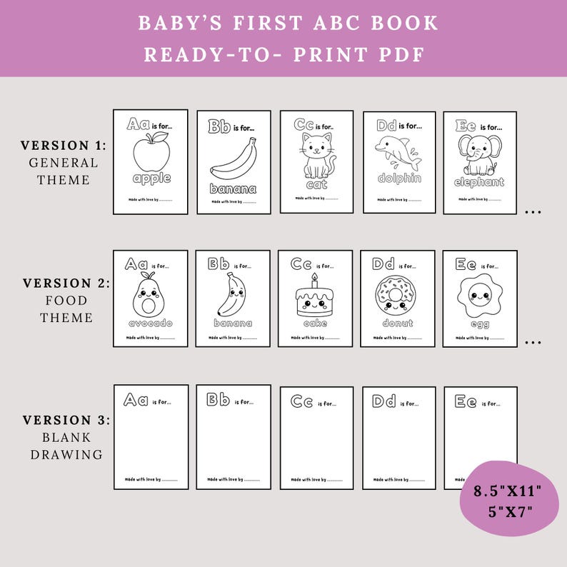 Pu&ograve; includere: Un libro ABC per bambini stampabile con tre versioni: tema generale, tema cibo e disegno vuoto. Ogni versione include schede con lettere con illustrazioni di oggetti come una mela, una banana e un avocado. Il libro &egrave; disponibile nei formati 21,6 cm x 27,9 cm e 12,7 cm x 17,8 cm.