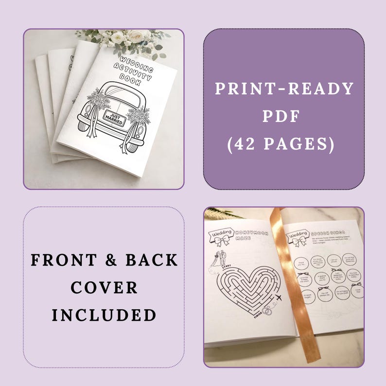 May include: A stack of white wedding activity books with a black and white car illustration on the cover. The text "WEDDING ACTIVITY BOOK" and "JUST MARRIED" are visible. The image also includes text that says "PRINT-READY PDF (42 PAGES)" and "FRONT & BACK COVER INCLUDED."