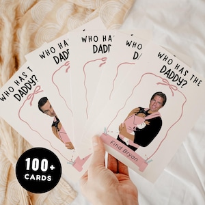 Noeud rose jeu de baby shower qui a le papa, jeu imprimable à gratter, cartes numériques modifiables de célébrités sur toile, jeu drôle de baby shower
