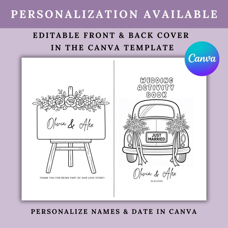 May include: Black and white wedding activity book template with a sign and a car illustration. The sign reads "Olivia & Alex" and "Thank you for being part of our love story!". The car has "Just Married" on it.