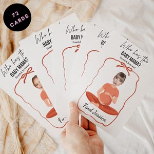 Qui a une maman, jeu de baby shower, modèle imprimable sur toile, cartes numériques modifiables de célébrités, jeu de baby shower drôle noeud de coquette