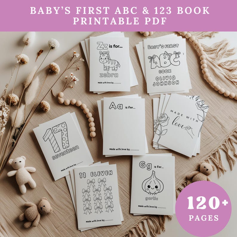 Pu&ograve; includere: Una collezione di libri per bambini stampabili in PDF, tra cui un libro ABC e 123. I libri presentano illustrazioni in bianco e nero di una zebra, aglio e altri oggetti. Il testo "BABY'S FIRST ABC & 123 BOOK PRINTABLE PDF" &egrave; in alto. Gli elementi decorativi circondano i libri.