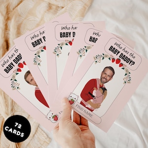 Jeu de baby shower qui a le papa, jeu imprimable à gratter, cartes numériques modifiables de célébrités sur toile, jeu de baby shower amusant de 72 cartes