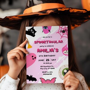 Pink Witch Halloween Birthday Invitation, Editable Spooky Girl Costume Party Invite, Cute Ghost Birthday, Spooktacular Halloween Invite