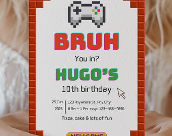 Editable Video Game Birthday Invitation: Neon Arcade Party (Digital Download, Canva Template)