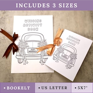 May include: Two wedding activity books with a car illustration, floral decorations, and the text "JUST MARRIED". The books are tied with brown and gold ribbons. The text "WEDDING ACTIVITY BOOK" is at the top of each book. The image includes the text "INCLUDES 3 SIZES".