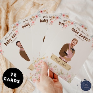 Jeu de baby shower Qui a le papa, jeu imprimable à gratter, cartes numériques modifiables de célébrités sur toile, jeu de baby shower de 72 cartes Flora