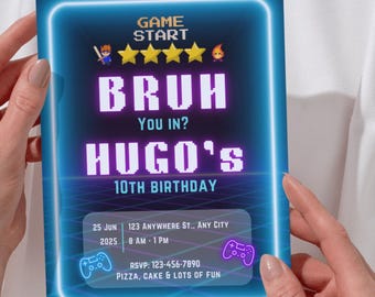 Editable Video Game Birthday Invitation: Neon Arcade Party (Digital Download, Canva Template)