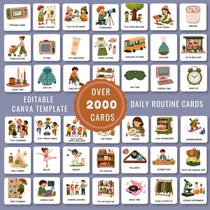 May include: A collection of illustrated daily routine cards. Each card features a different activity, such as "Play Dough," "Stargazing," and "Coding Club." The cards are arranged in a grid and include the text "Over 2000 Cards" and "Editable Canva Template."
